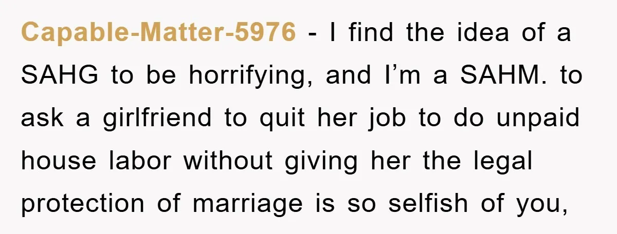 Capable-Matter-5976 − I find the idea of a SAHG to be horrifying, and I’m a SAHM. to ask a girlfriend to quit her job to do unpaid house labor without...