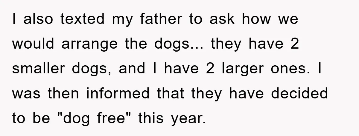 I also texted my father to ask how we would arrange the dogs... they have 2 smaller dogs, and I have 2 larger ones. I was then informed that they...