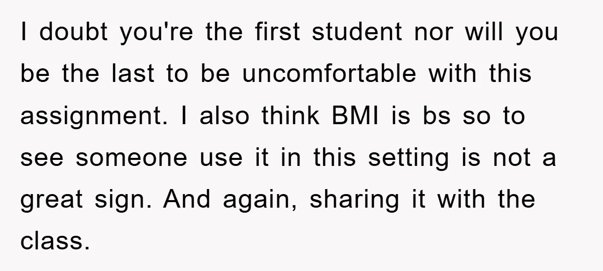 I doubt you're the first student nor will you be the last to be uncomfortable with this assignment. I also think BMI is bs so to see someone use it...