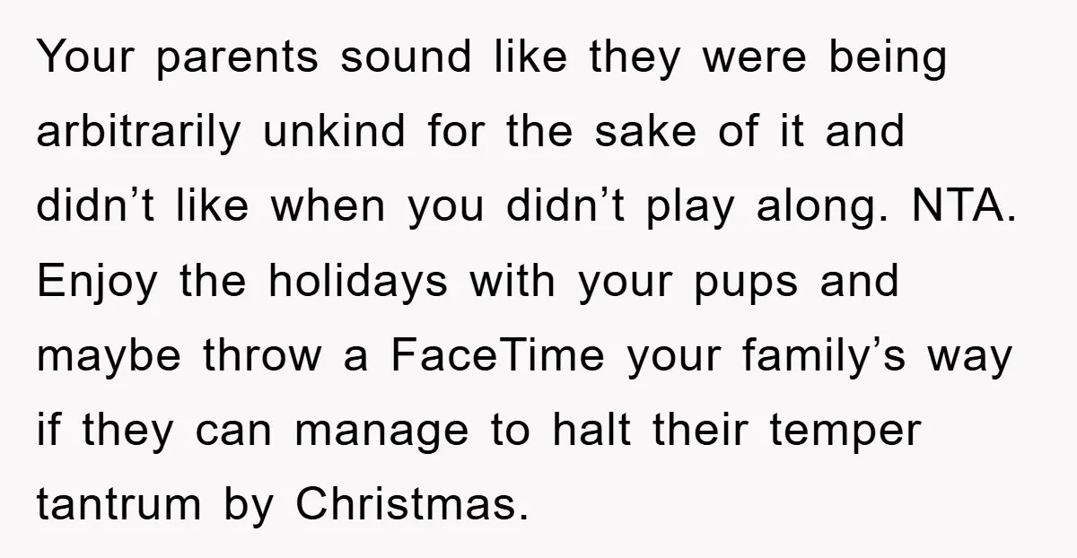 Your parents sound like they were being arbitrarily unkind for the sake of it and didn’t like when you didn’t play along. NTA. Enjoy the holidays with your pups and...