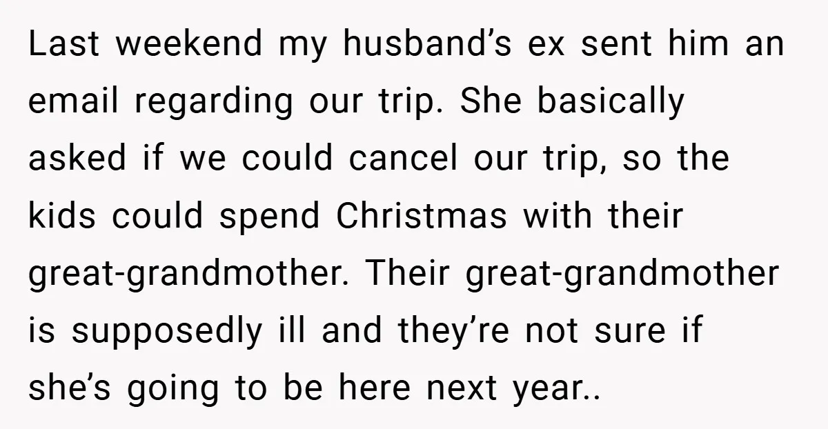 Last weekend my husband’s ex sent him an email regarding our trip. She basically asked if we could cancel our trip, so the kids could spend Christmas with their great-grandmother....