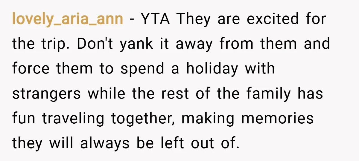lovely_aria_ann − YTA They are excited for the trip. Don't yank it away from them and force them to spend a holiday with strangers while the rest of the family...