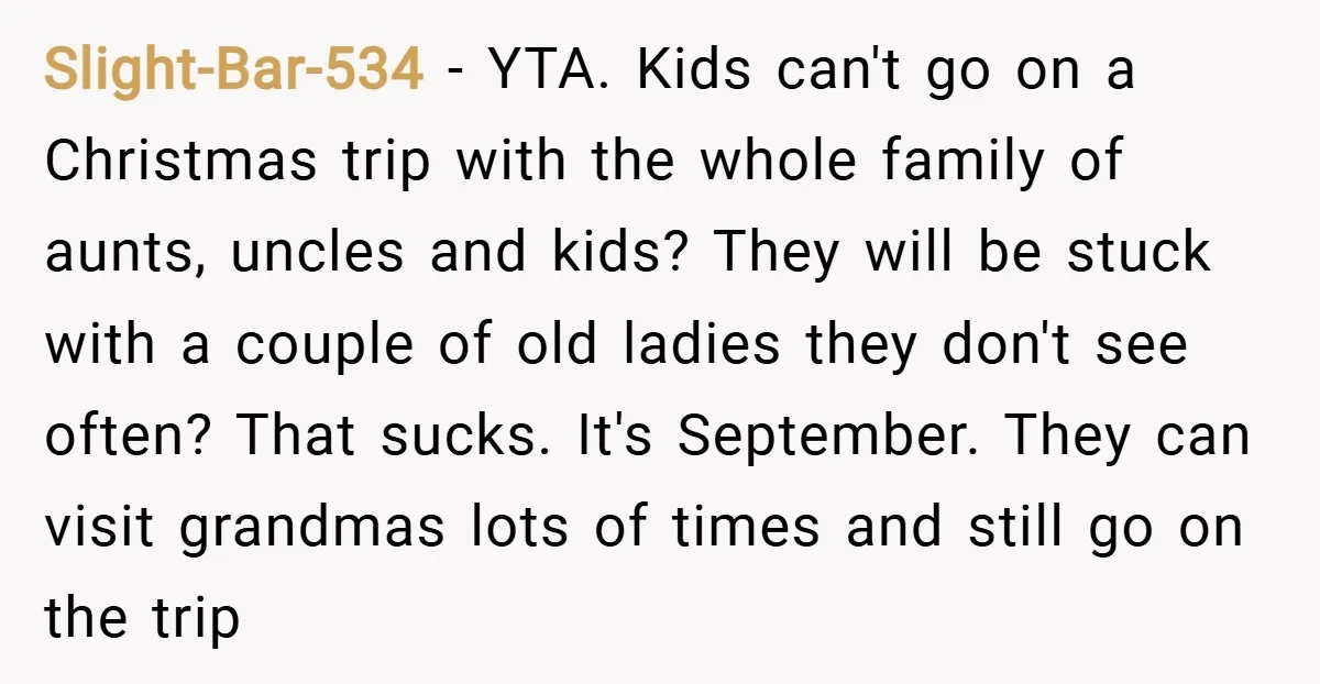 Slight-Bar-534 − YTA. Kids can't go on a Christmas trip with the whole family of aunts, uncles and kids? They will be stuck with a couple of old ladies they...