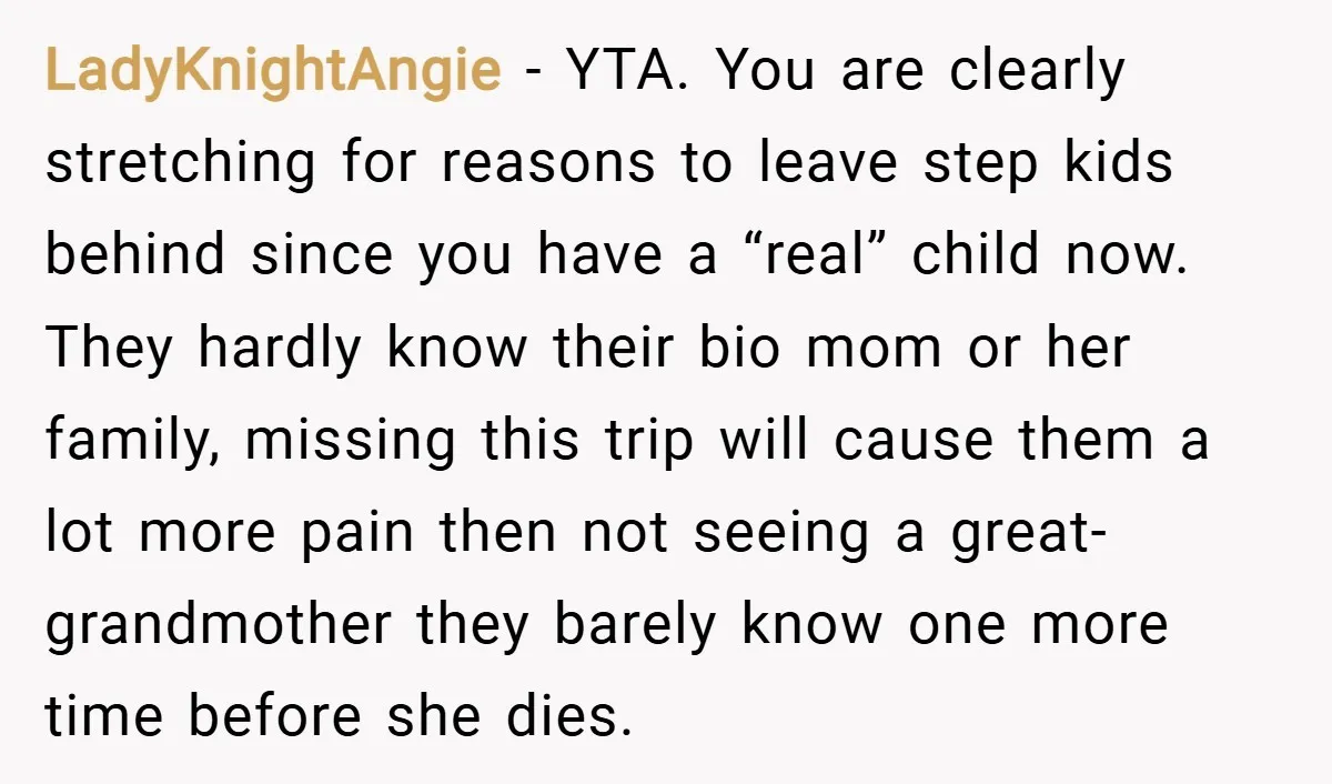 LadyKnightAngie − YTA. You are clearly stretching for reasons to leave step kids behind since you have a “real” child now. They hardly know their bio mom or her family,...