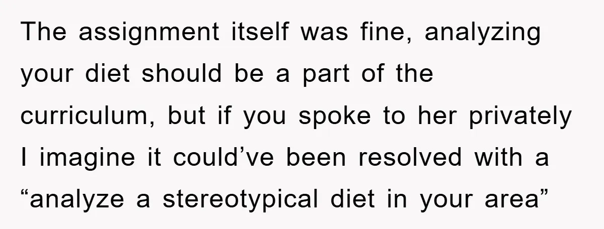 The assignment itself was fine, analyzing your diet should be a part of the curriculum, but if you spoke to her privately I imagine it could’ve been resolved with a...
