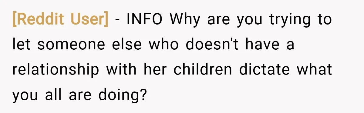 [Reddit User] − INFO Why are you trying to let someone else who doesn't have a relationship with her children dictate what you all are doing?