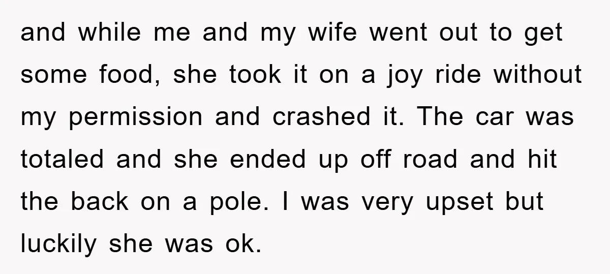 and while me and my wife went out to get some food, she took it on a joy ride without my permission and crashed it. The car was totaled and...
