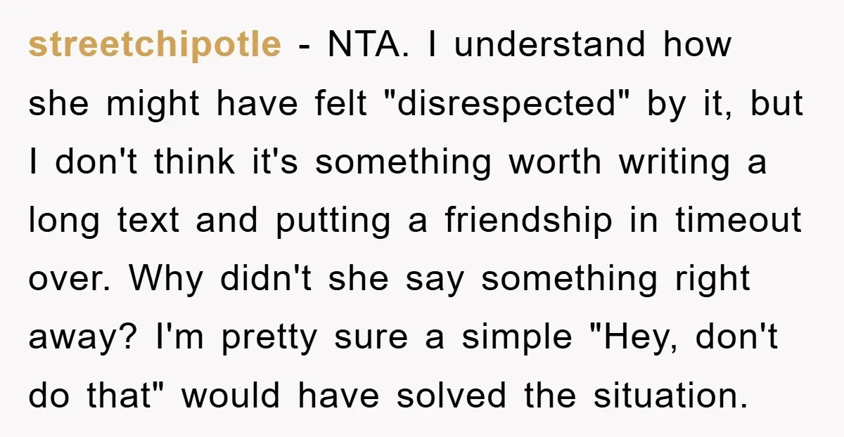 streetchipotle − NTA. I understand how she might have felt "disrespected" by it, but I don't think it's something worth writing a long text and putting a friendship in timeout...