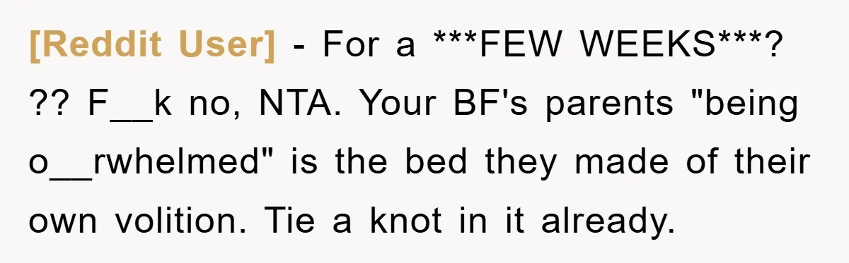 [Reddit User] − For a ***FEW WEEKS***? ?? F__k no, NTA. Your BF's parents "being o__rwhelmed" is the bed they made of their own volition. Tie a knot in it...