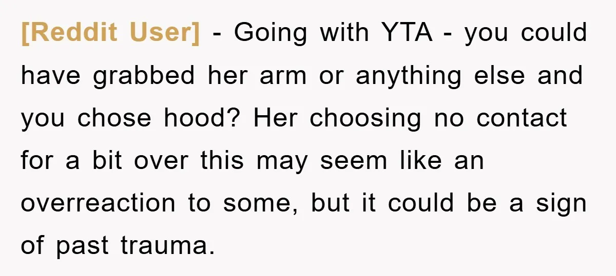 [Reddit User] − Going with YTA - you could have grabbed her arm or anything else and you chose hood? Her choosing no contact for a bit over this may...