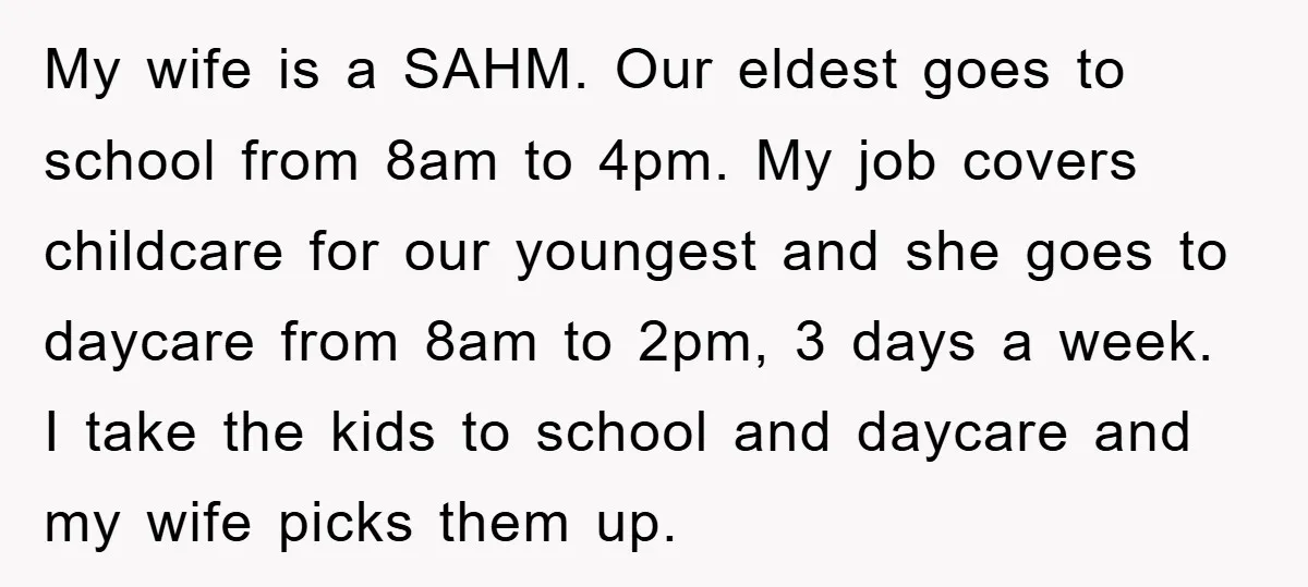 My wife is a SAHM. Our eldest goes to school from 8am to 4pm. My job covers childcare for our youngest and she goes to daycare from 8am to 2pm,...