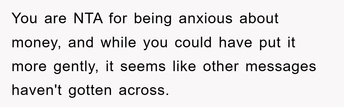 You are NTA for being anxious about money, and while you could have put it more gently, it seems like other messages haven't gotten across.