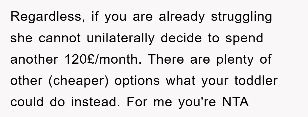 Regardless, if you are already struggling she cannot unilaterally decide to spend another 120£/month. There are plenty of other (cheaper) options what your toddler could do instead. For me you're...