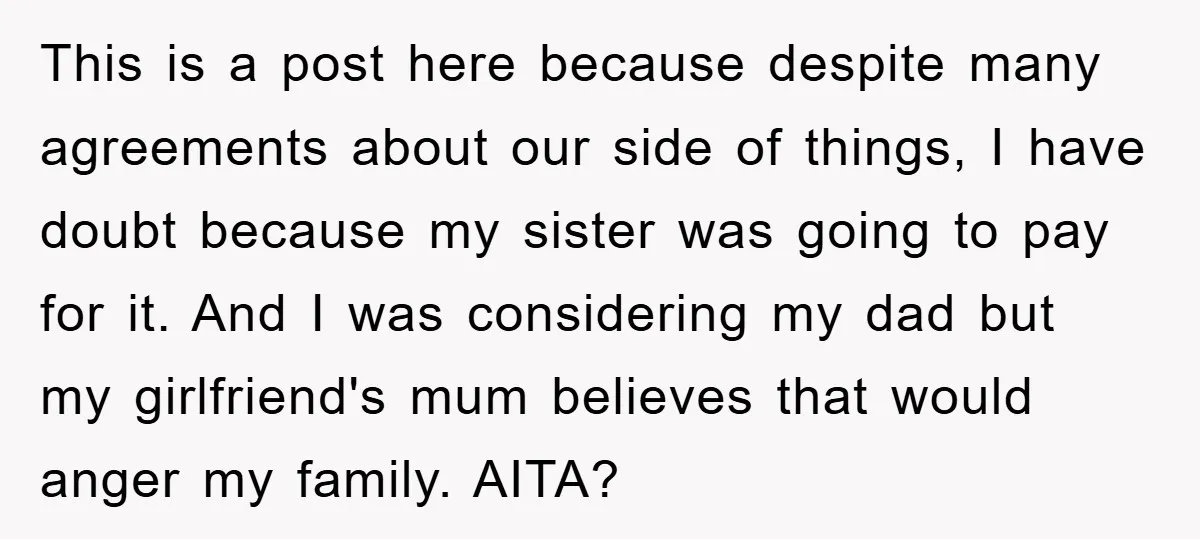 This is a post here because despite many agreements about our side of things, I have doubt because my sister was going to pay for it. And I was considering...