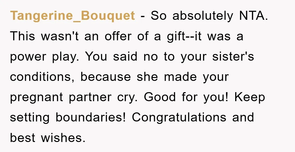 Tangerine_Bouquet − So absolutely NTA. This wasn't an offer of a gift--it was a power play. You said no to your sister's conditions, because she made your pregnant partner cry....
