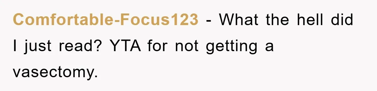 Comfortable-Focus123 − What the hell did I just read? YTA for not getting a vasectomy.