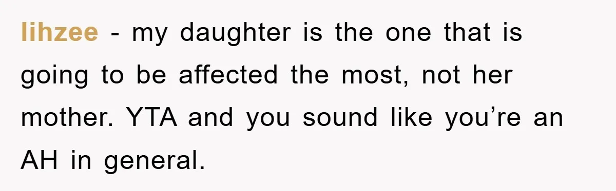 lihzee − my daughter is the one that is going to be affected the most, not her mother. YTA and you sound like you’re an AH in general.