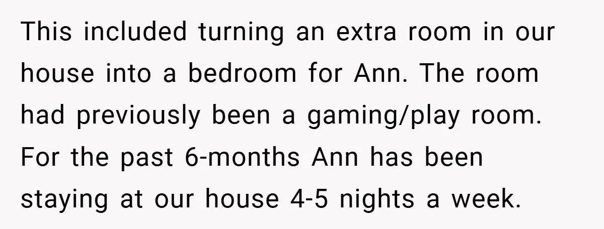 This included turning an extra room in our house into a bedroom for Ann. The room had previously been a gaming/play room. For the past 6-months Ann has been staying...