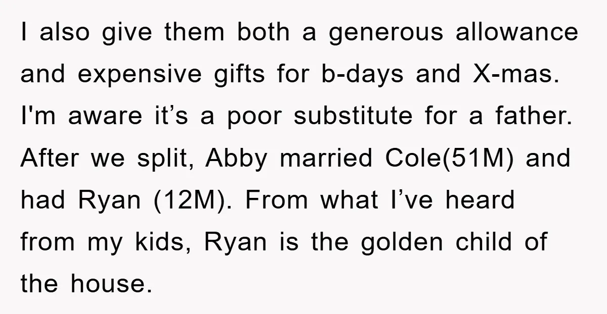 I also give them both a generous allowance and expensive gifts for b-days and X-mas. I'm aware it’s a poor substitute for a father. After we split, Abby married Cole(51M)...
