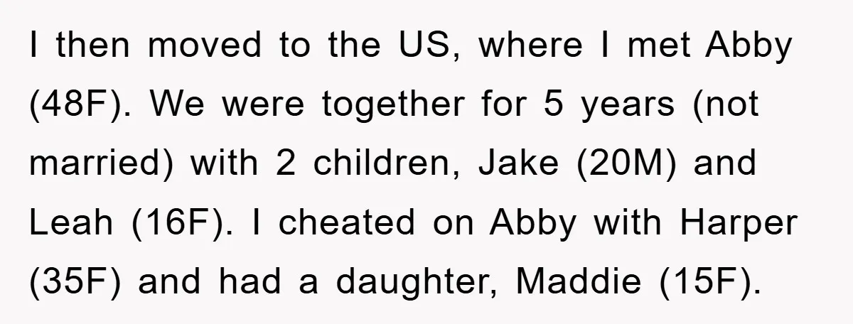 I then moved to the US, where I met Abby (48F). We were together for 5 years (not married) with 2 children, Jake (20M) and Leah (16F). I cheated on...