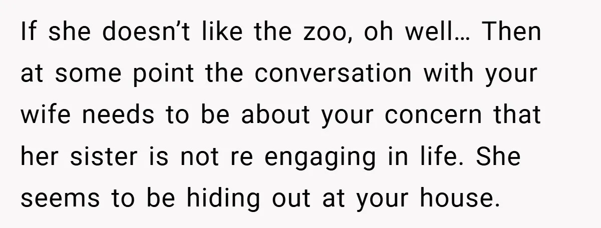 If she doesn’t like the zoo, oh well… Then at some point the conversation with your wife needs to be about your concern that her sister is not re engaging...