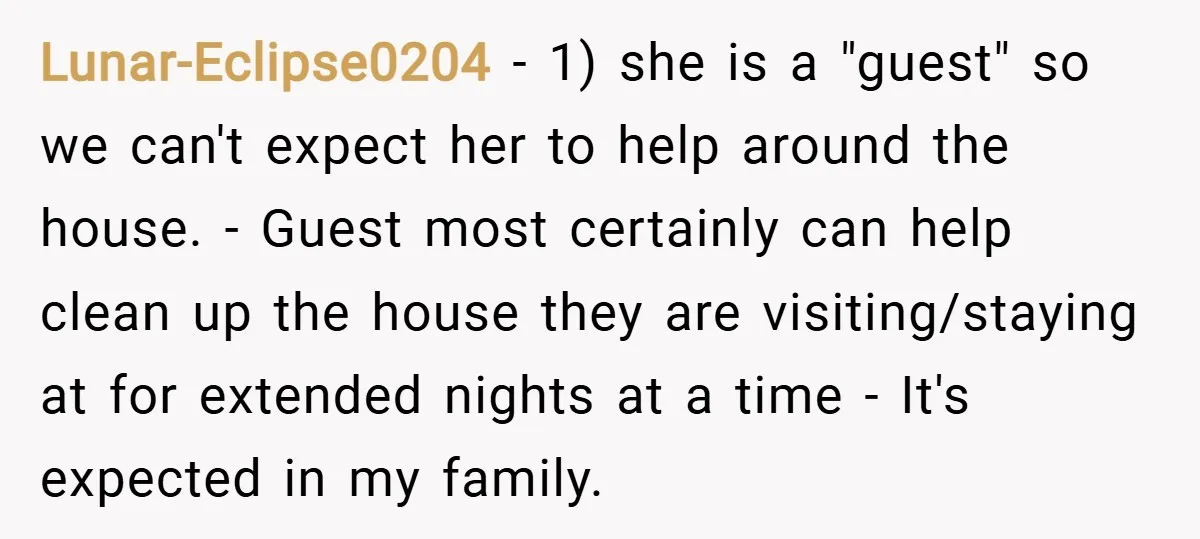 Lunar-Eclipse0204 − 1) she is a "guest" so we can't expect her to help around the house. - Guest most certainly can help clean up the house they are visiting/staying...