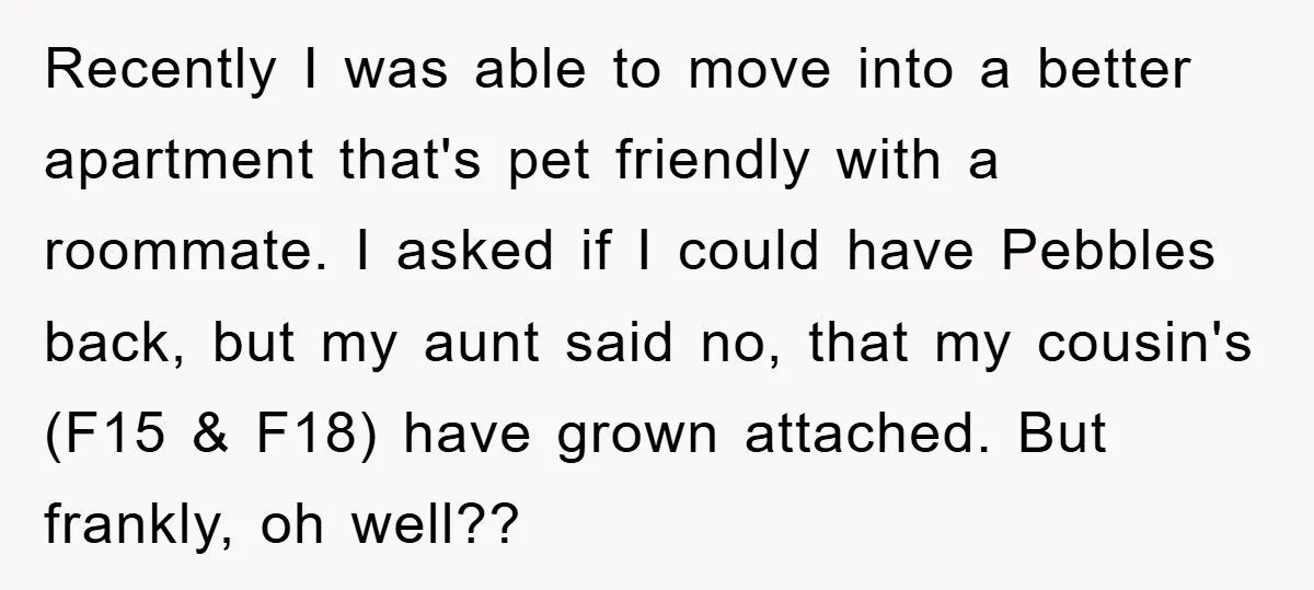 Recently I was able to move into a better apartment that's pet friendly with a roommate. I asked if I could have Pebbles back, but my aunt said no, that...