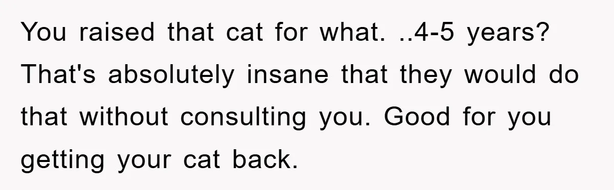 You raised that cat for what. ..4-5 years? That's absolutely insane that they would do that without consulting you. Good for you getting your cat back.