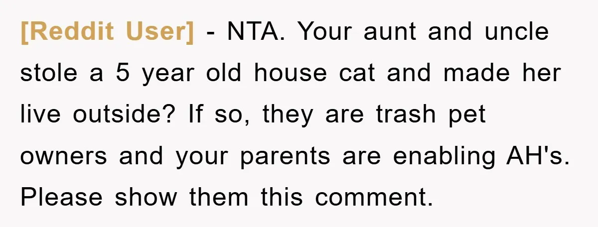 [Reddit User] − NTA. Your aunt and uncle stole a 5 year old house cat and made her live outside? If so, they are trash pet owners and your parents...