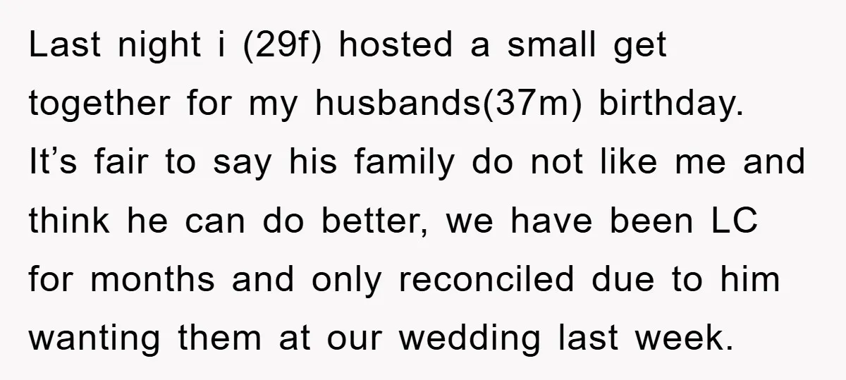 Last night i (29f) hosted a small get together for my husbands(37m) birthday. It’s fair to say his family do not like me and think he can do better, we...