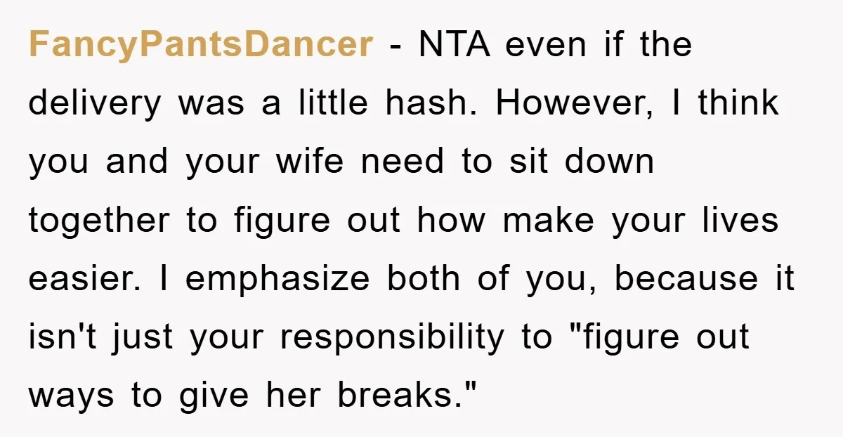 FancyPantsDancer − NTA even if the delivery was a little hash. However, I think you and your wife need to sit down together to figure out how make your lives...