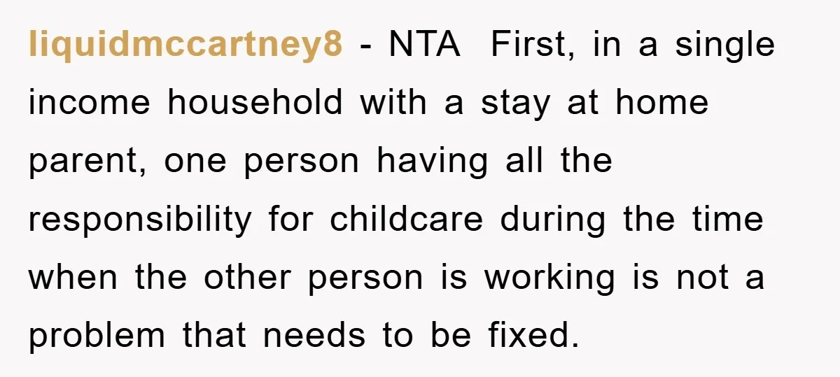 liquidmccartney8 − NTA First, in a single income household with a stay at home parent, one person having all the responsibility for childcare during the time when the other person...