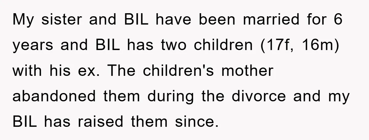 My sister and BIL have been married for 6 years and BIL has two children (17f, 16m) with his ex. The children's mother abandoned them during the divorce and my...