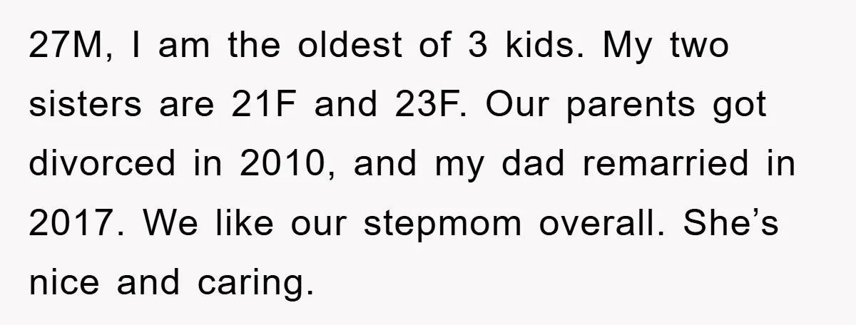 27M, I am the oldest of 3 kids. My two sisters are 21F and 23F. Our parents got divorced in 2010, and my dad remarried in 2017. We like our...