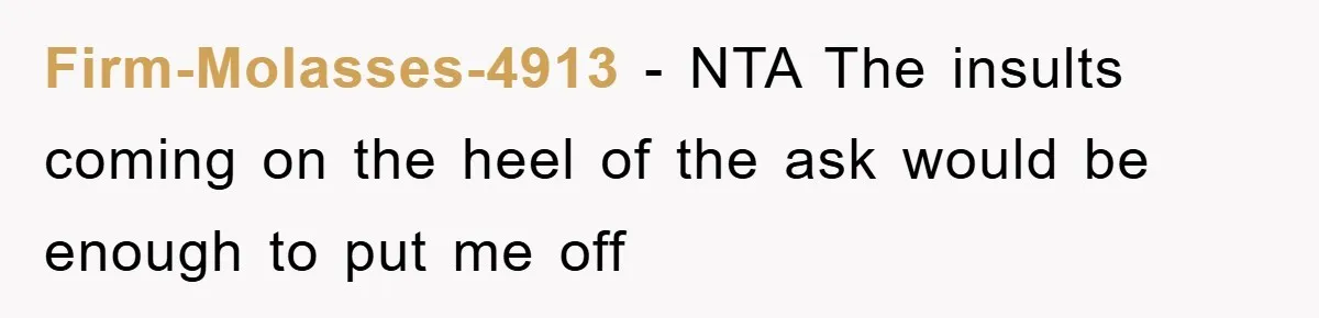 Firm-Molasses-4913 − NTA The insults coming on the heel of the ask would be enough to put me off