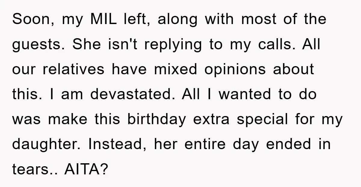Soon, my MIL left, along with most of the guests. She isn't replying to my calls. All our relatives have mixed opinions about this. I am devastated. All I wanted...