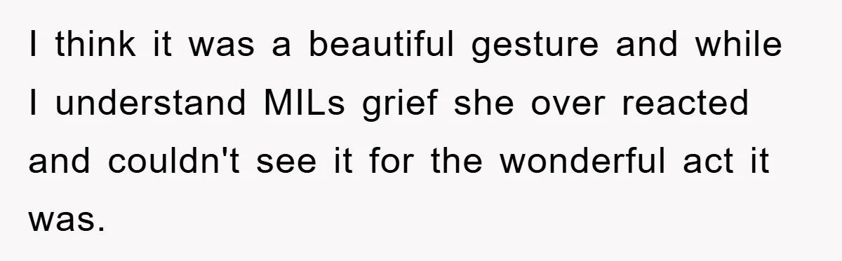 I think it was a beautiful gesture and while I understand MILs grief she over reacted and couldn't see it for the wonderful act it was.
