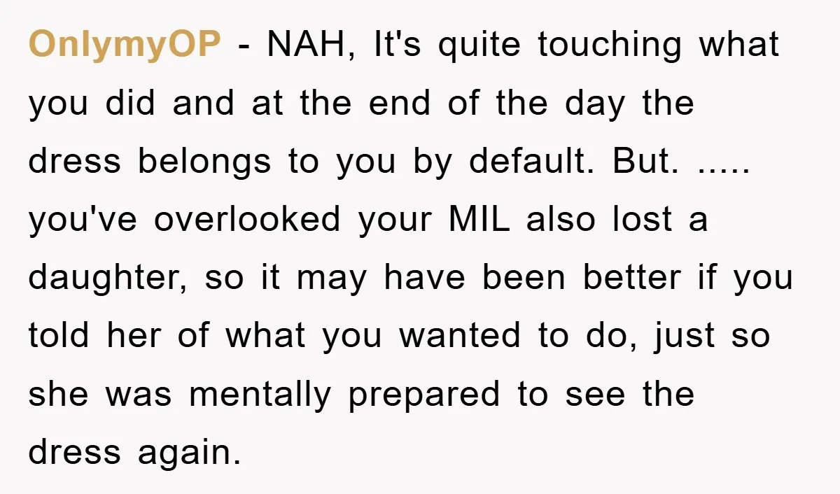 OnlymyOP − NAH, It's quite touching what you did and at the end of the day the dress belongs to you by default. But. ..... you've overlooked your MIL also...
