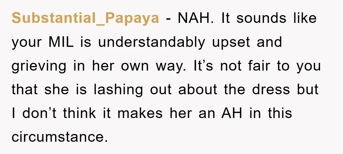 Substantial_Papaya − NAH. It sounds like your MIL is understandably upset and grieving in her own way. It’s not fair to you that she is lashing out about the dress...
