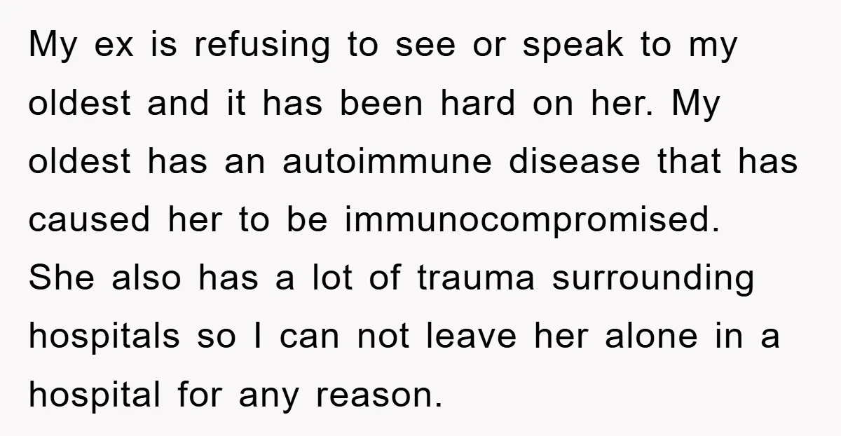 My ex is refusing to see or speak to my oldest and it has been hard on her. My oldest has an autoimmune disease that has caused her to be...