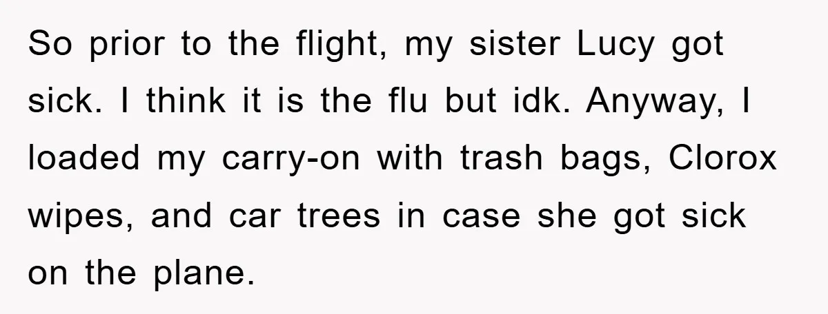So prior to the flight, my sister Lucy got sick. I think it is the flu but idk. Anyway, I loaded my carry-on with trash bags, Clorox wipes, and car...
