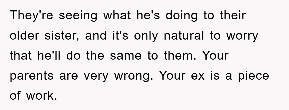 They're seeing what he's doing to their older sister, and it's only natural to worry that he'll do the same to them. Your parents are very wrong. Your ex is...