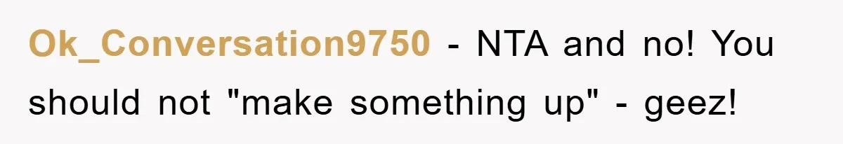Ok_Conversation9750 − NTA and no! You should not "make something up" - geez!