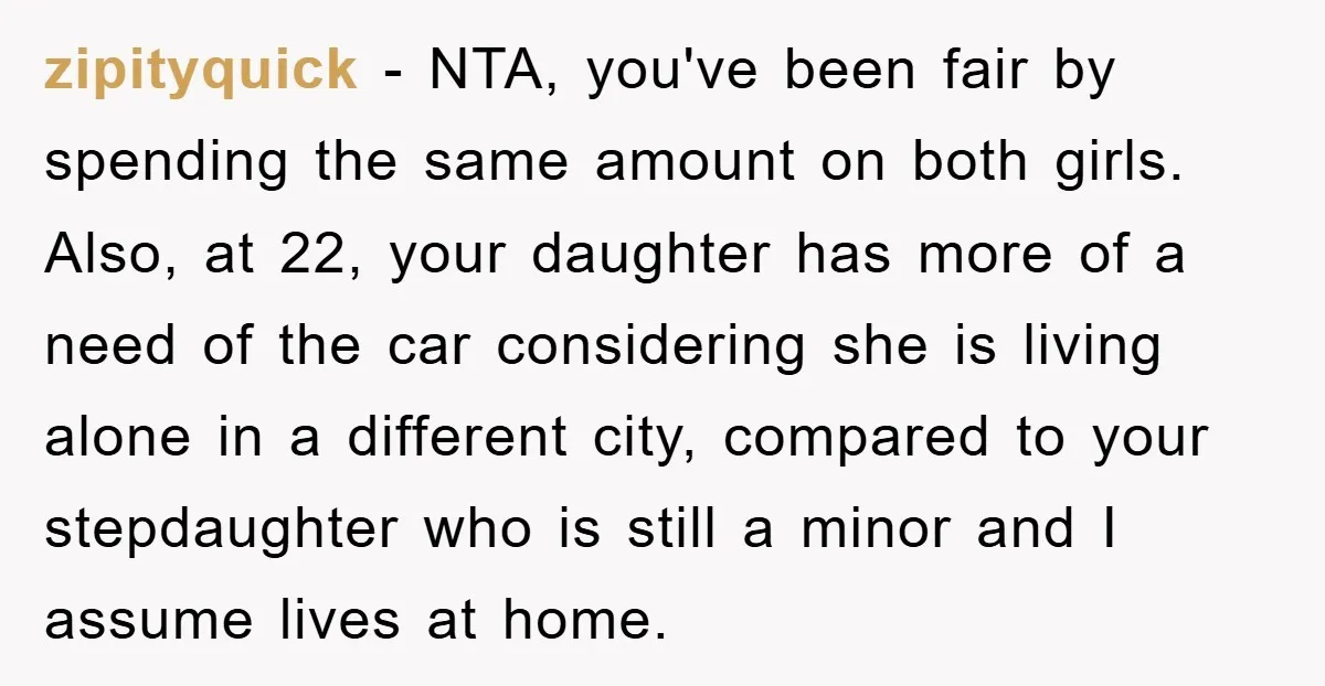 zipityquick − NTA, you've been fair by spending the same amount on both girls. Also, at 22, your daughter has more of a need of the car considering she is...