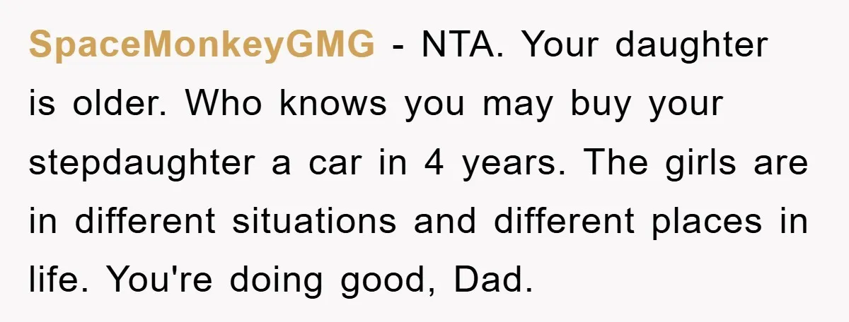 SpaceMonkeyGMG − NTA. Your daughter is older. Who knows you may buy your stepdaughter a car in 4 years. The girls are in different situations and different places in life....