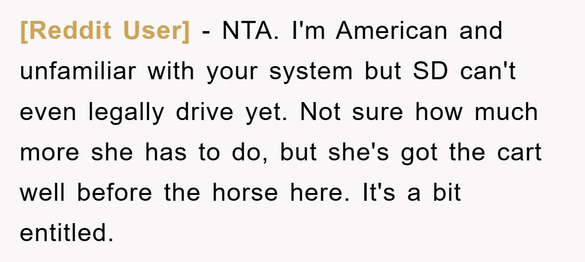 [Reddit User] − NTA. I'm American and unfamiliar with your system but SD can't even legally drive yet. Not sure how much more she has to do, but she's got...