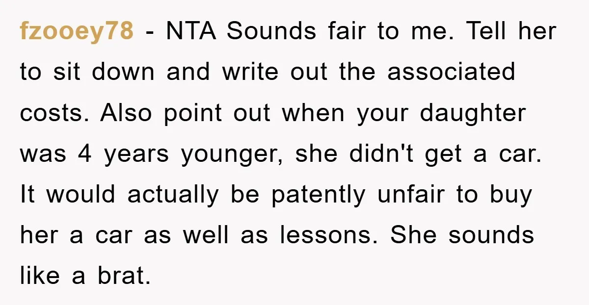 fzooey78 − NTA Sounds fair to me. Tell her to sit down and write out the associated costs. Also point out when your daughter was 4 years younger, she didn't...