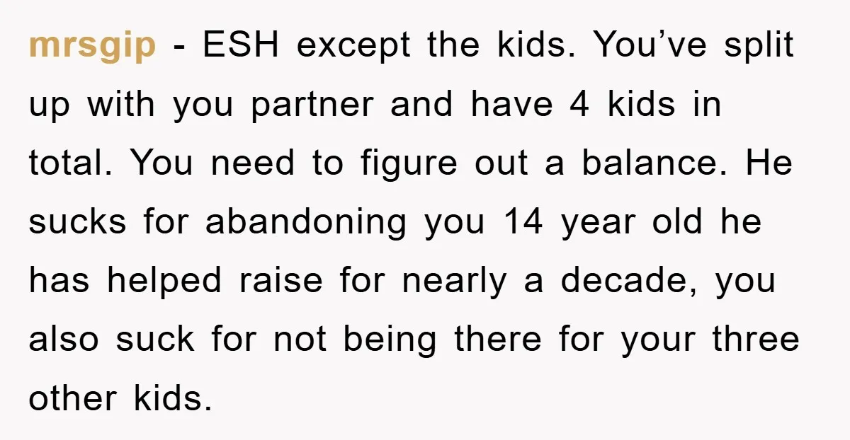 mrsgip − ESH except the kids. You’ve split up with you partner and have 4 kids in total. You need to figure out a balance. He sucks for abandoning you...