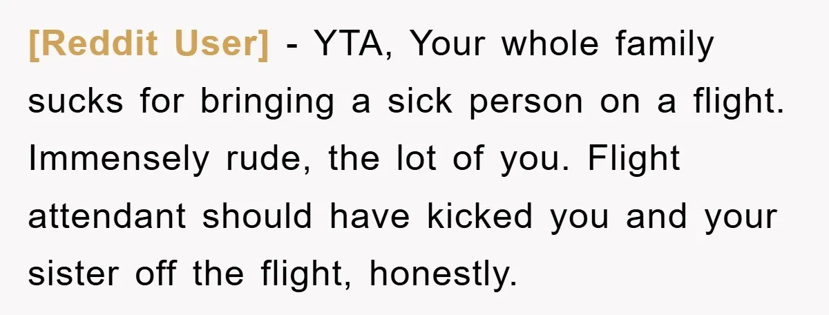 [Reddit User] − YTA, Your whole family sucks for bringing a sick person on a flight. Immensely rude, the lot of you. Flight attendant should have kicked you and your...