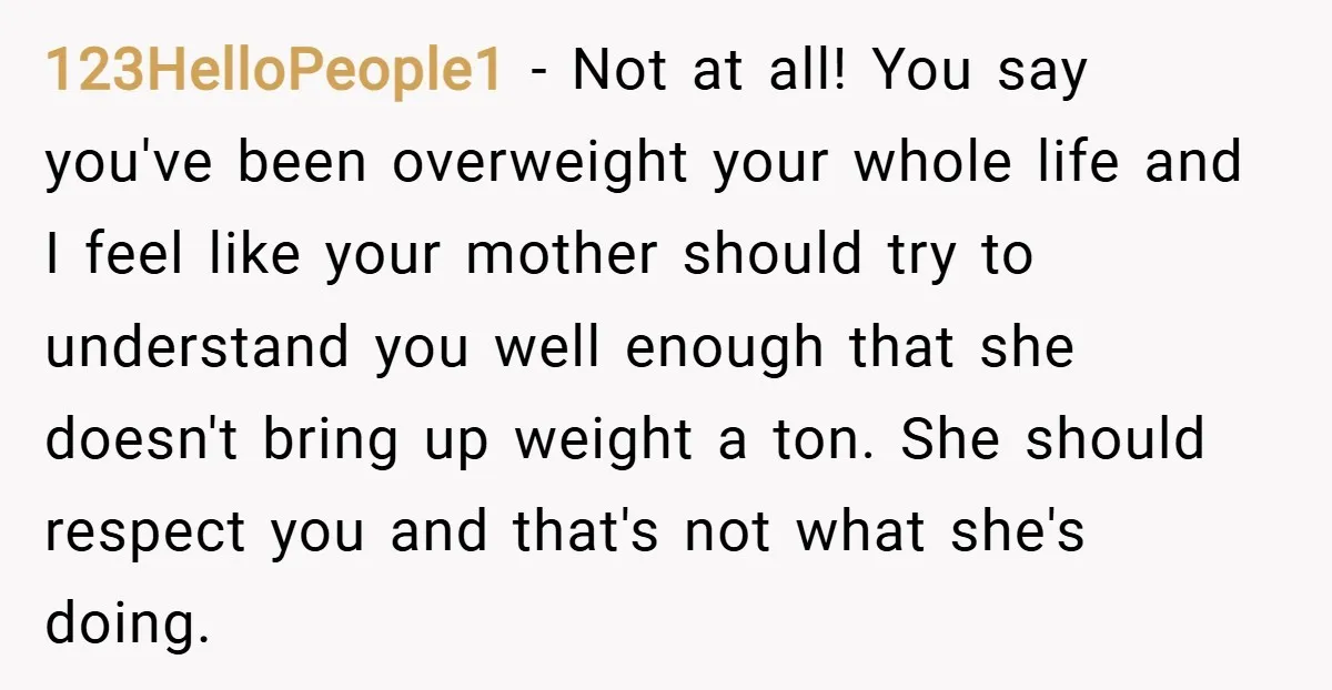 123HelloPeople1 − Not at all! You say you've been overweight your whole life and I feel like your mother should try to understand you well enough that she doesn't bring...